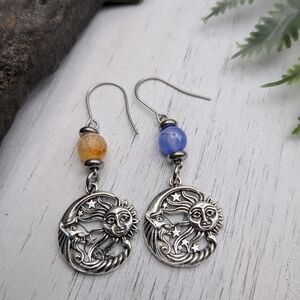 Silver Sun and Moon Earrings with Blue and Yellow Beads